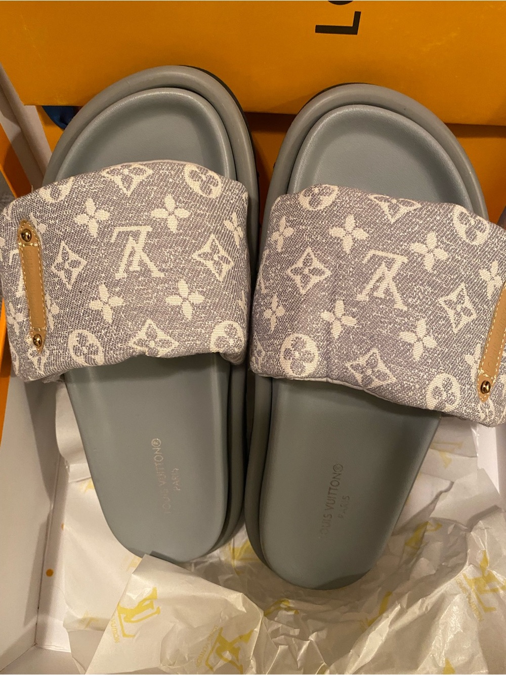 Louis Vuitton Monogram Canvas Slide Sandals in Light Blue Gray and Cream